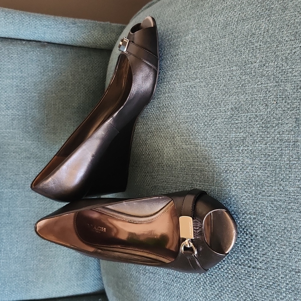 Coach Wedges. Black with silver accents, open toe.